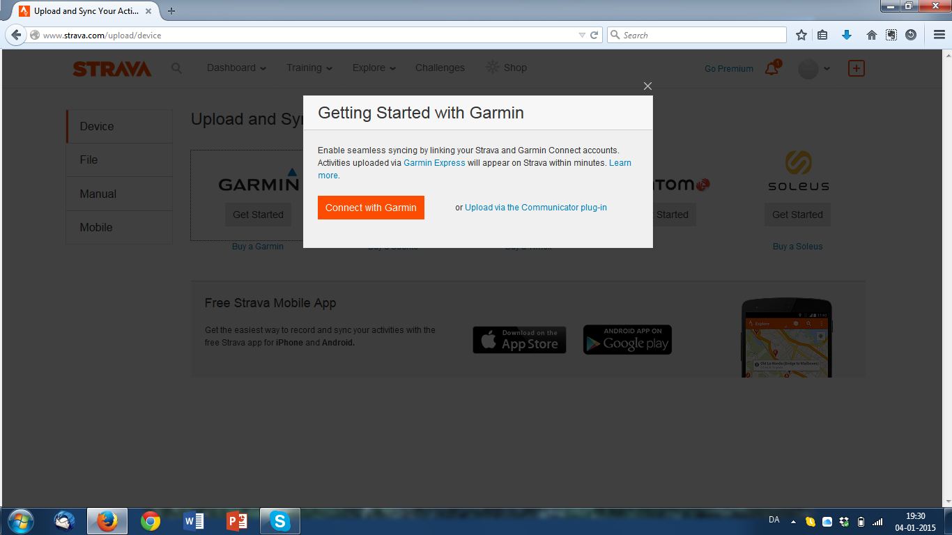 To hurtige klik på "Get Started" og "Connect with Garmin" og du er på vej videre.