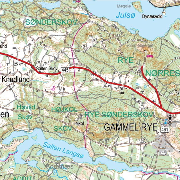 Eksempel på topokort med højdeangivelser som punkter og kurver. Her området ved Gl. Ryg nær Silkeborg om huser blandt andet Himmelbjerget. 